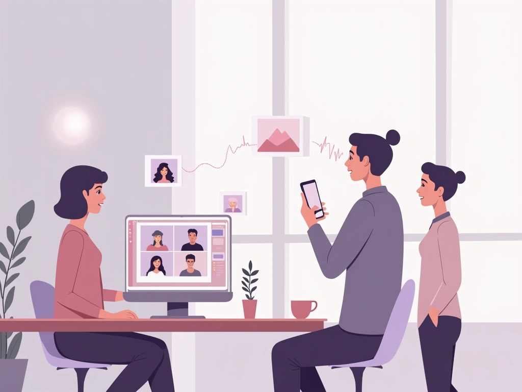 A hybrid meeting with remote participants on a laptop