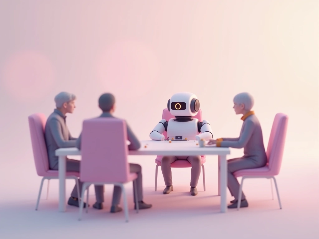 An AI bot sitting uninvited at a meeting table while people glance at it warily